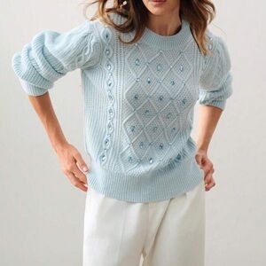Elegant Light Blue Knit Sweater with Embellishments